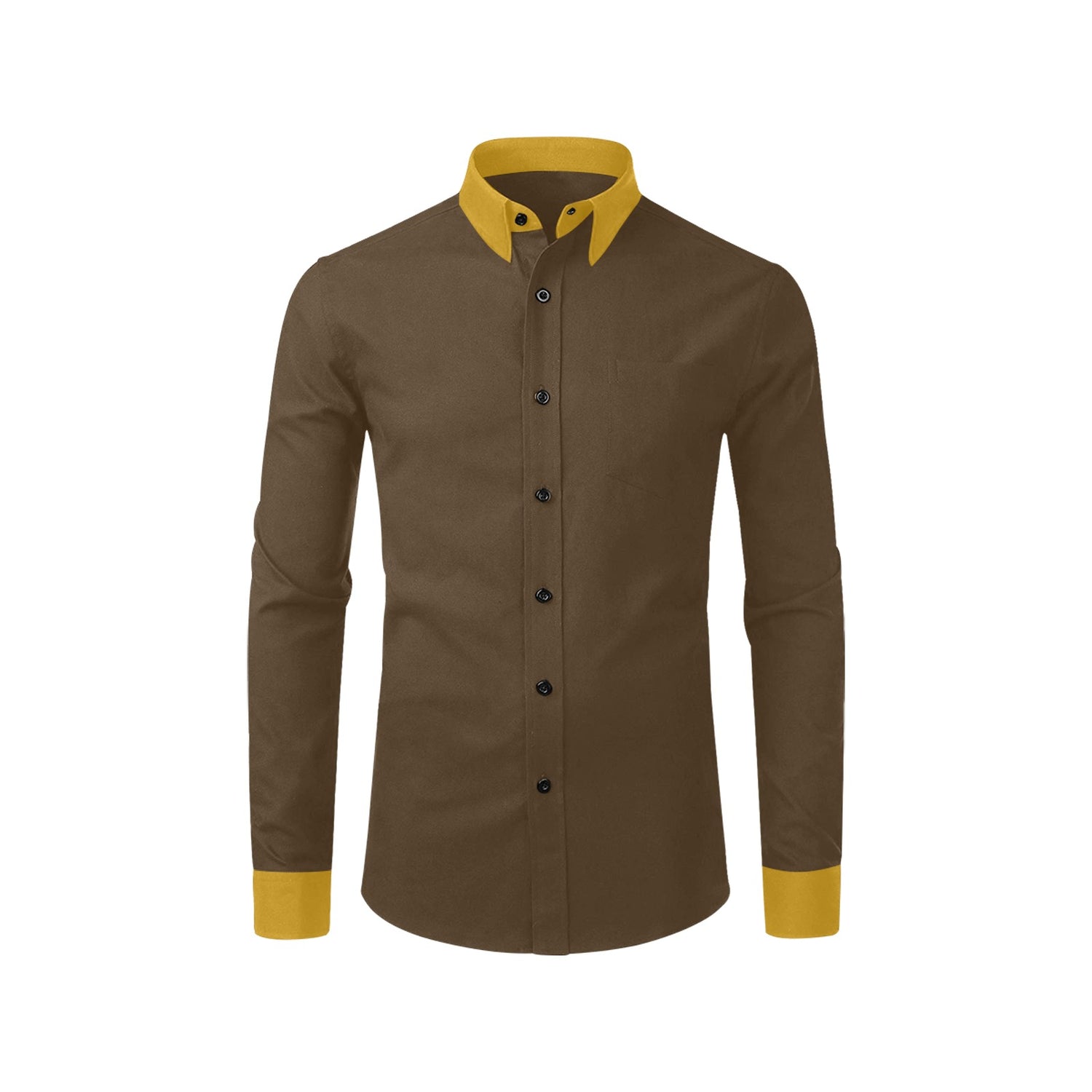 Men’s Long Sleeve Dress Shirt in Dark Brown with Gold Cuffs