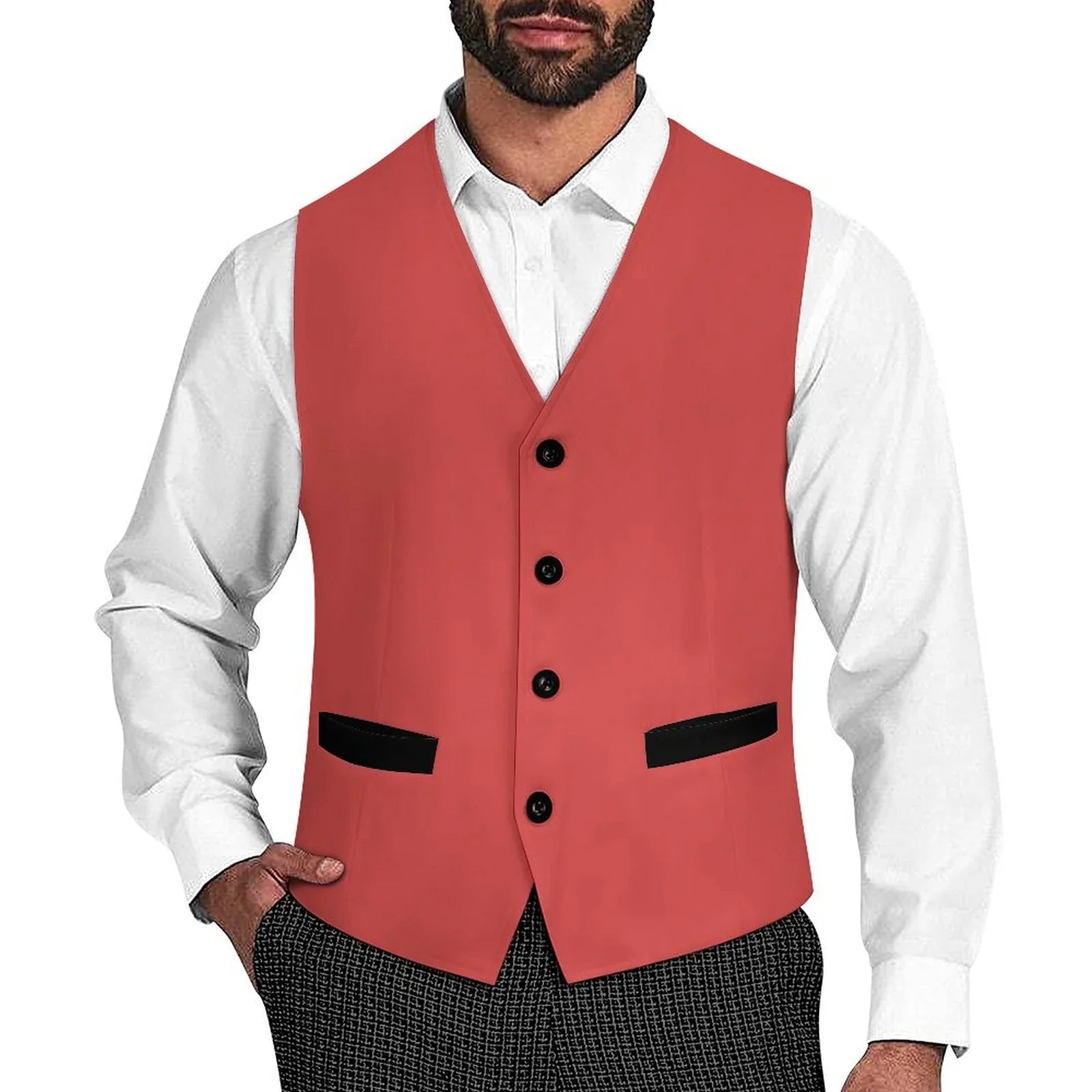 Red Sleeveless Suit Vest | Black Pockets Accents
