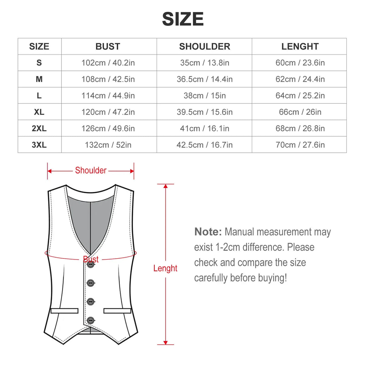 Men's red and black vest size chart, sizes S to 3XL