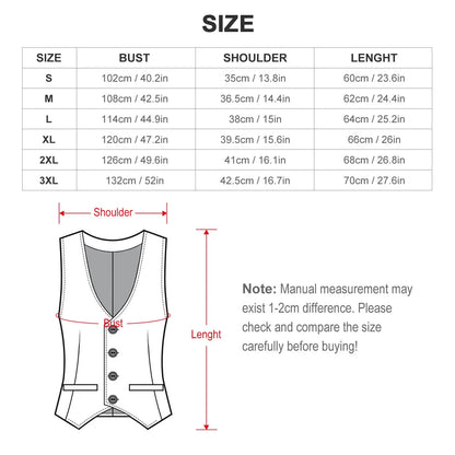 Men's red and black vest size chart, sizes S to 3XL