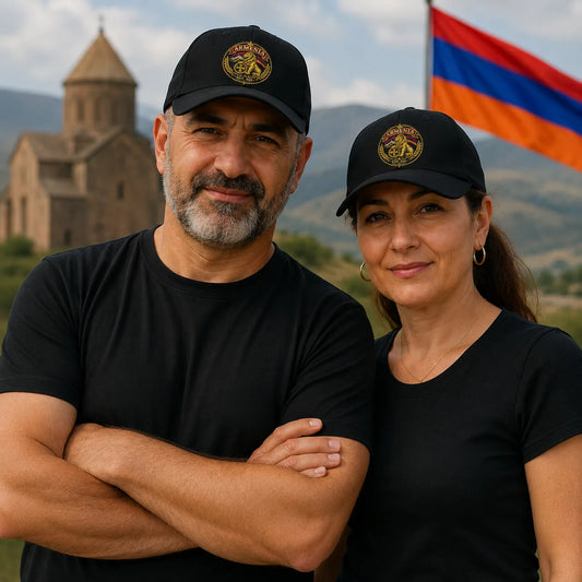 Middle-aged Armenian couple wearing black Armenia embroidered dad hat with lion crest and Armenian heritage design