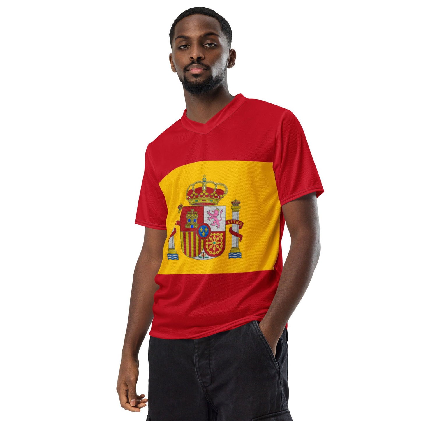 Model wearing Eco-Friendly Spain T-shirt