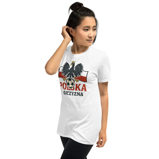 Model wearing white “Polska Ojczyzna” T-shirt with crowned eagle and soccer ball
