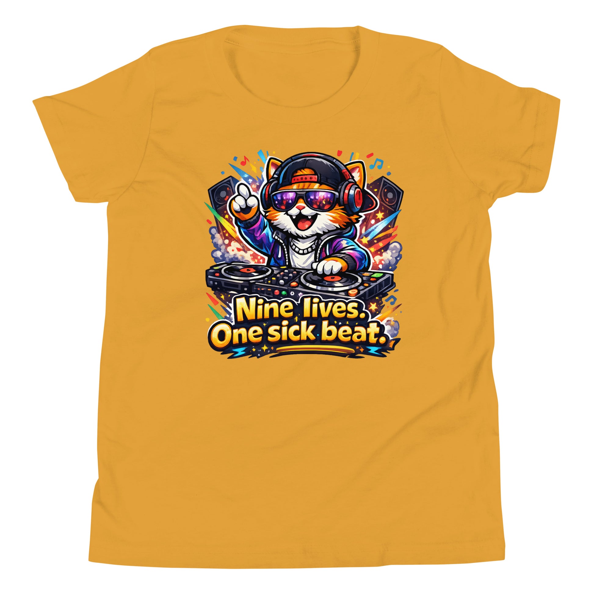 Mustard color t-shirt for children with colorful cat dj design