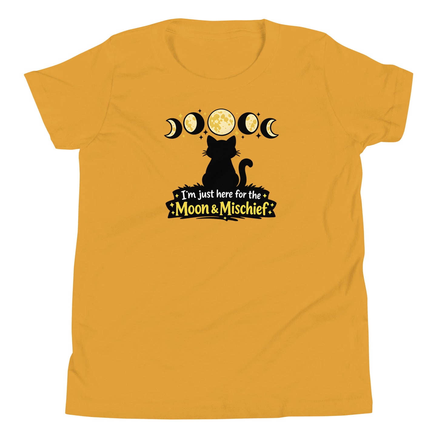 Mystical moon phases youth t-shirt with cat illustration