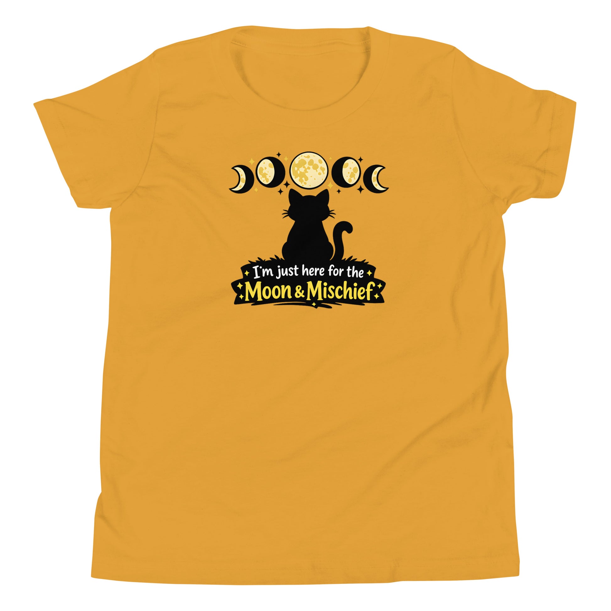 Mystical moon phases youth t-shirt with cat illustration
