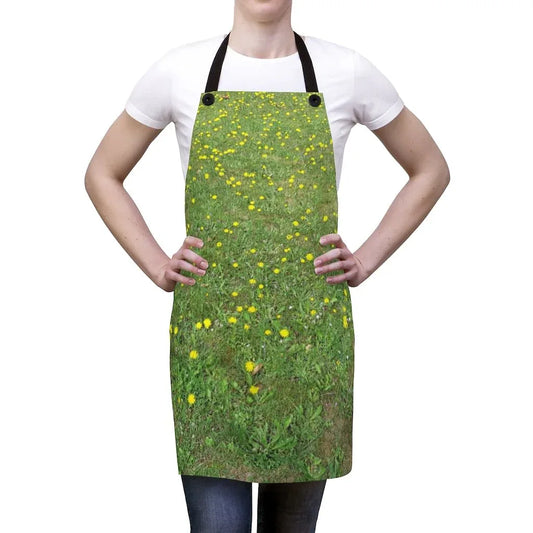Nature print kitchen apron with green grass and yellow wildflower photo design