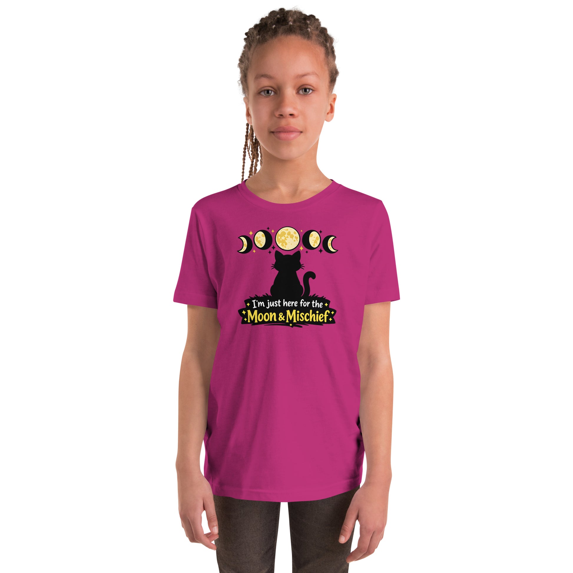 Night sky moon phases t-shirt with cat silhouette for kids