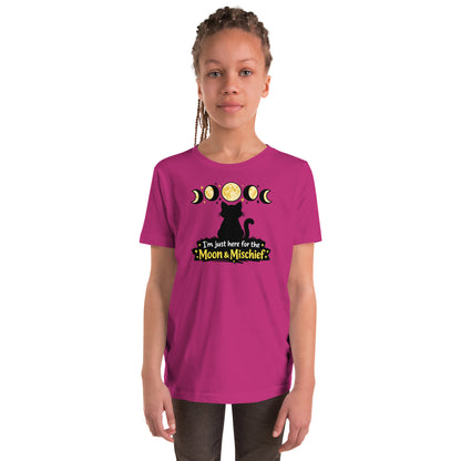 Night sky moon phases t-shirt with cat silhouette for kids