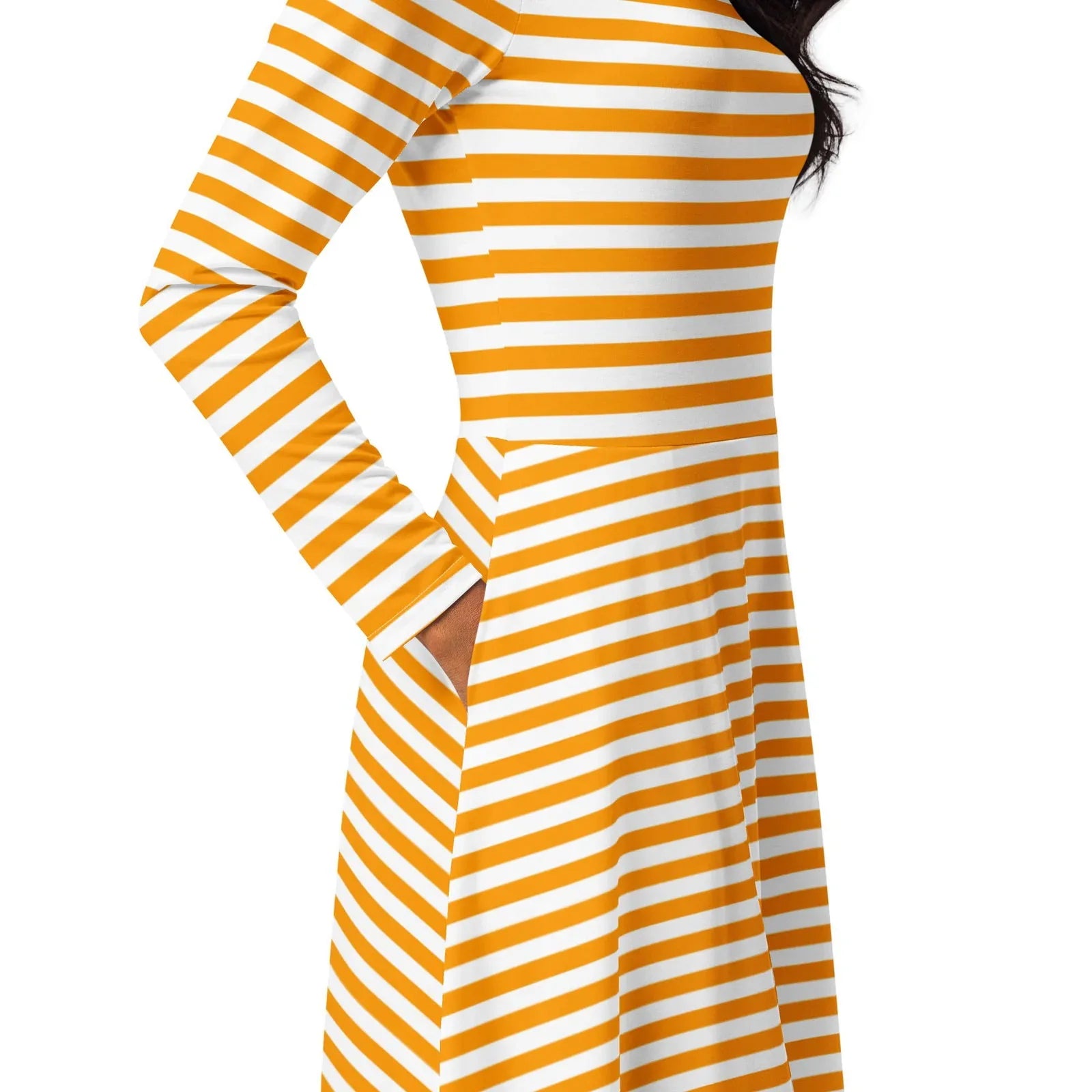 Orange And White Striped Dress | Long Sleeves | Side Pockets 4XL / Orange/White Striped Orange And White Striped Dress | Long Sleeves | Side Pockets 4XL / Orange/White Striped