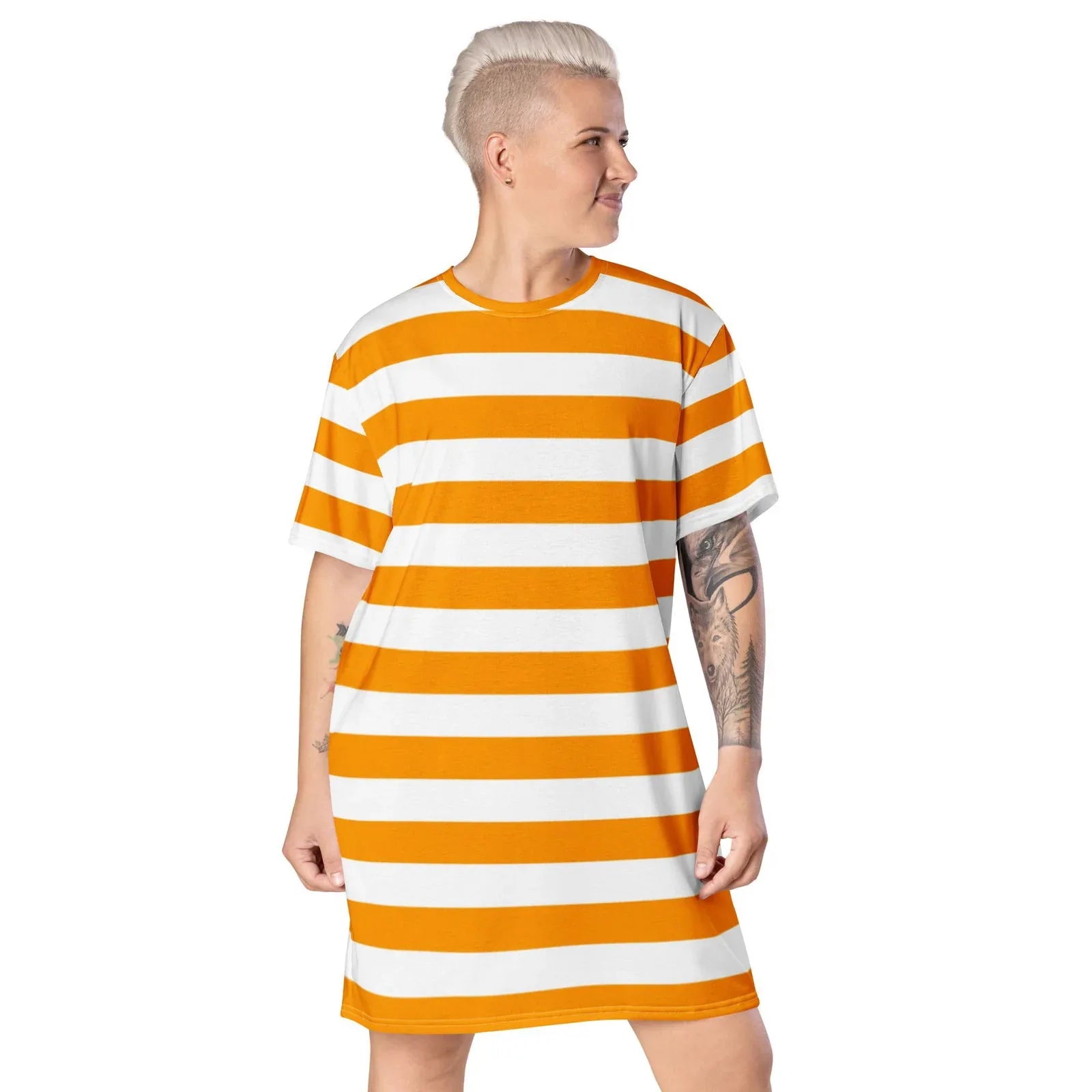 Orange White Striped Oversized T-Shirt Dress 2XS Orange White Striped Oversized T-Shirt Dress 2XS