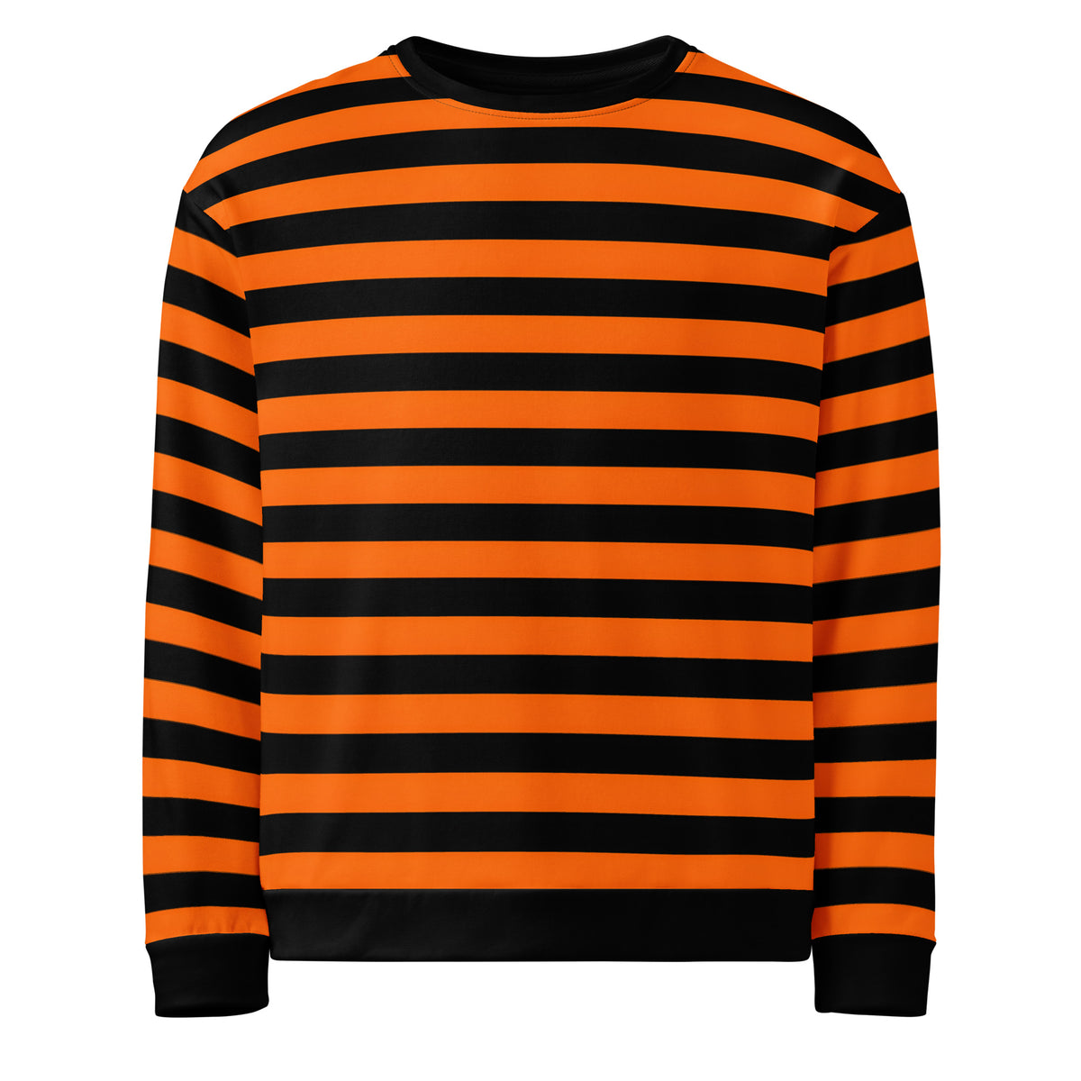 Orange and black striped sweater with bold horizontal stripes