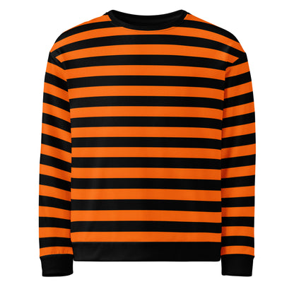 Orange and black striped sweater with bold horizontal stripes