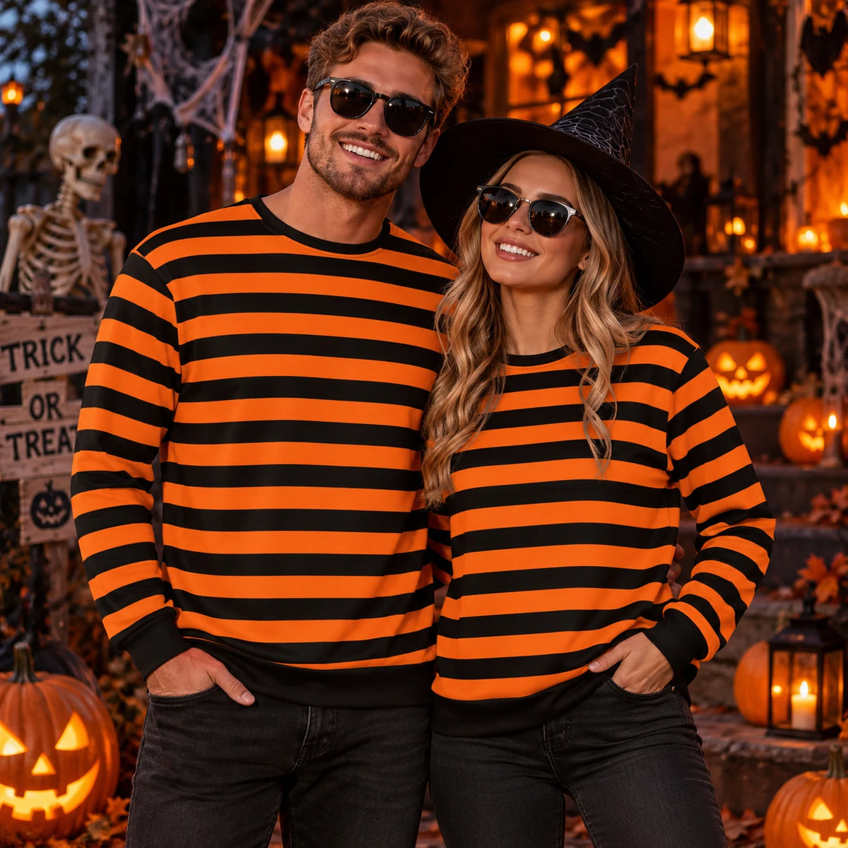 Orange and black striped sweater worn by a man and woman for Halloween