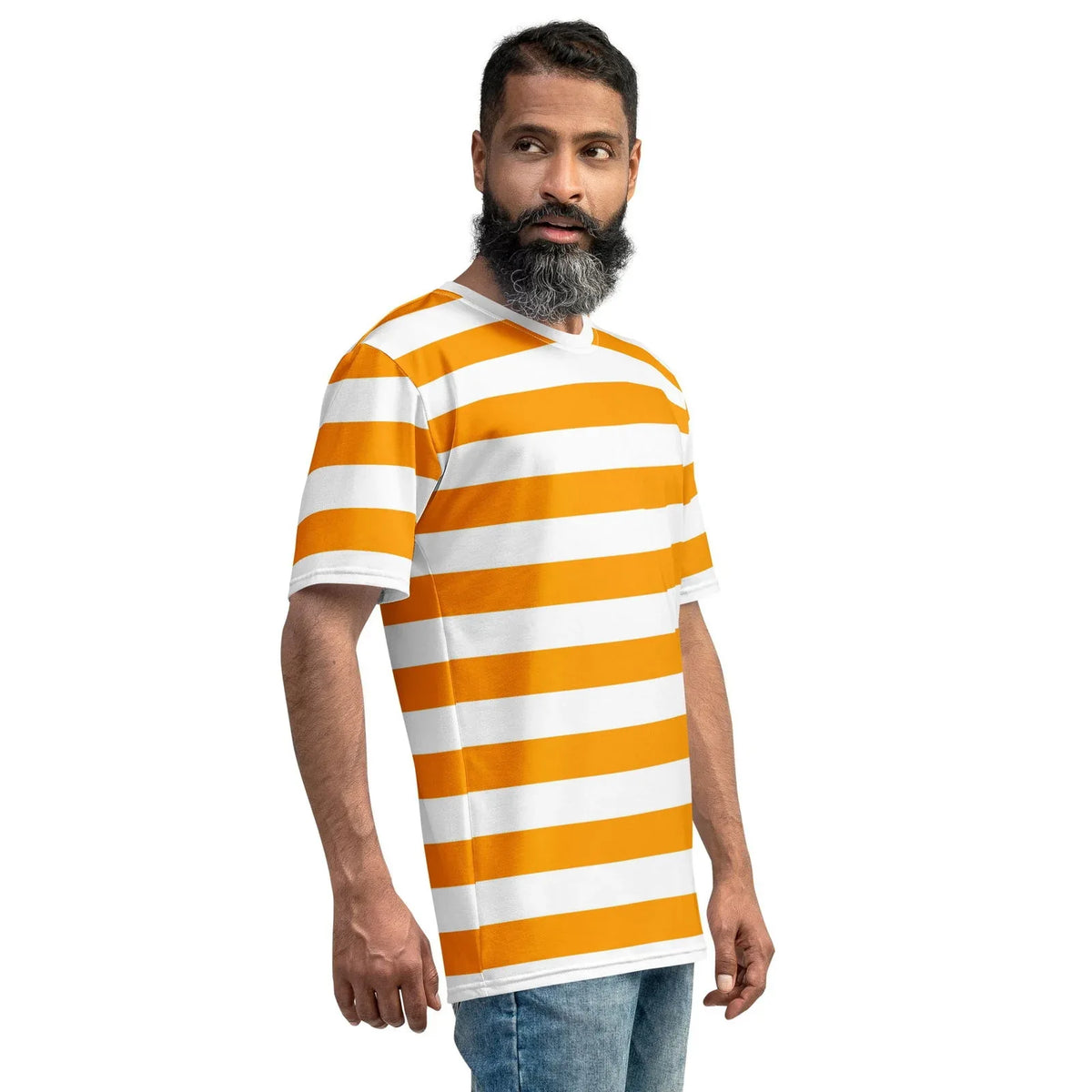 Orange and white striped men's shirt made with polyester elastane