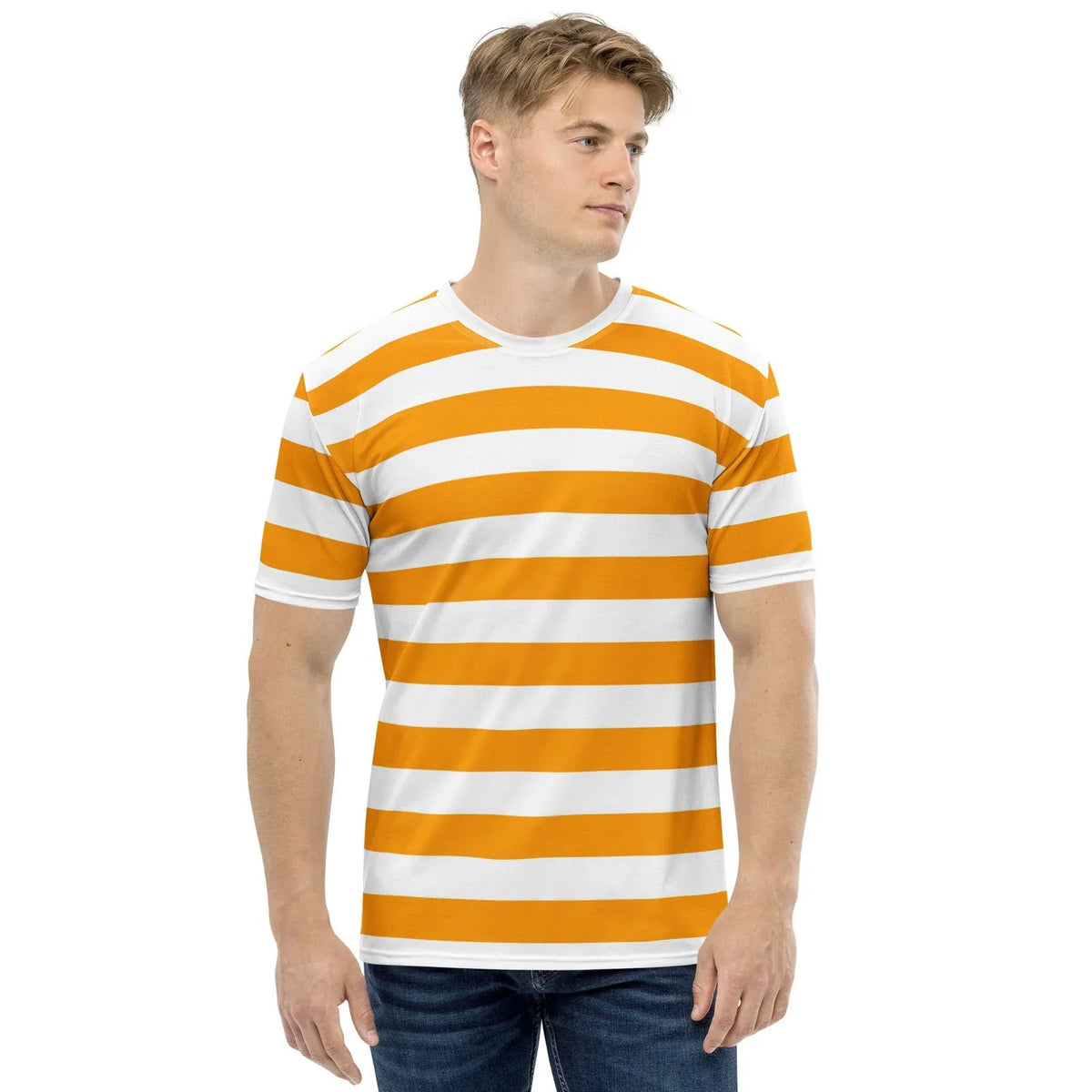 Orange and white striped shirt for men casual summer outfit