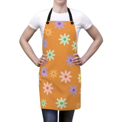 Orange floral cooking apron for women with colorful daisy print