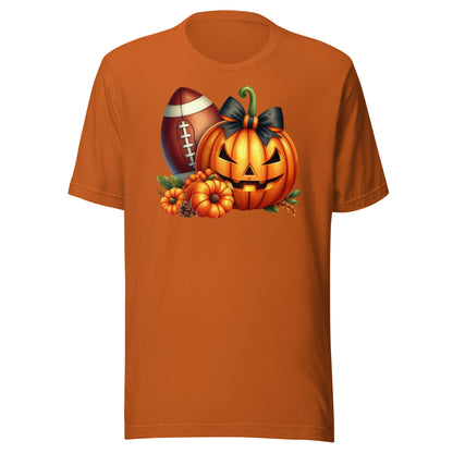 Orange t-shirt with football and pumpkin graphic