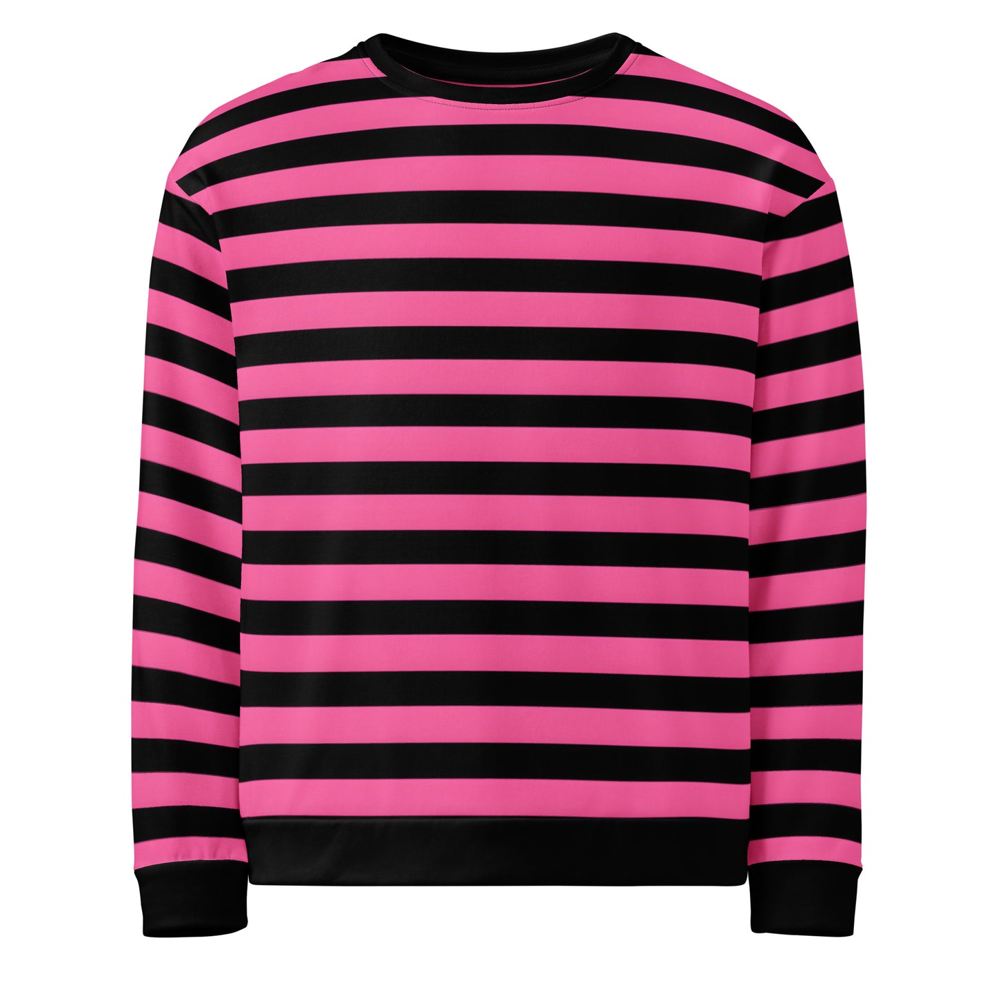 Pink and black striped sweatshirt with bold horizontal stripes