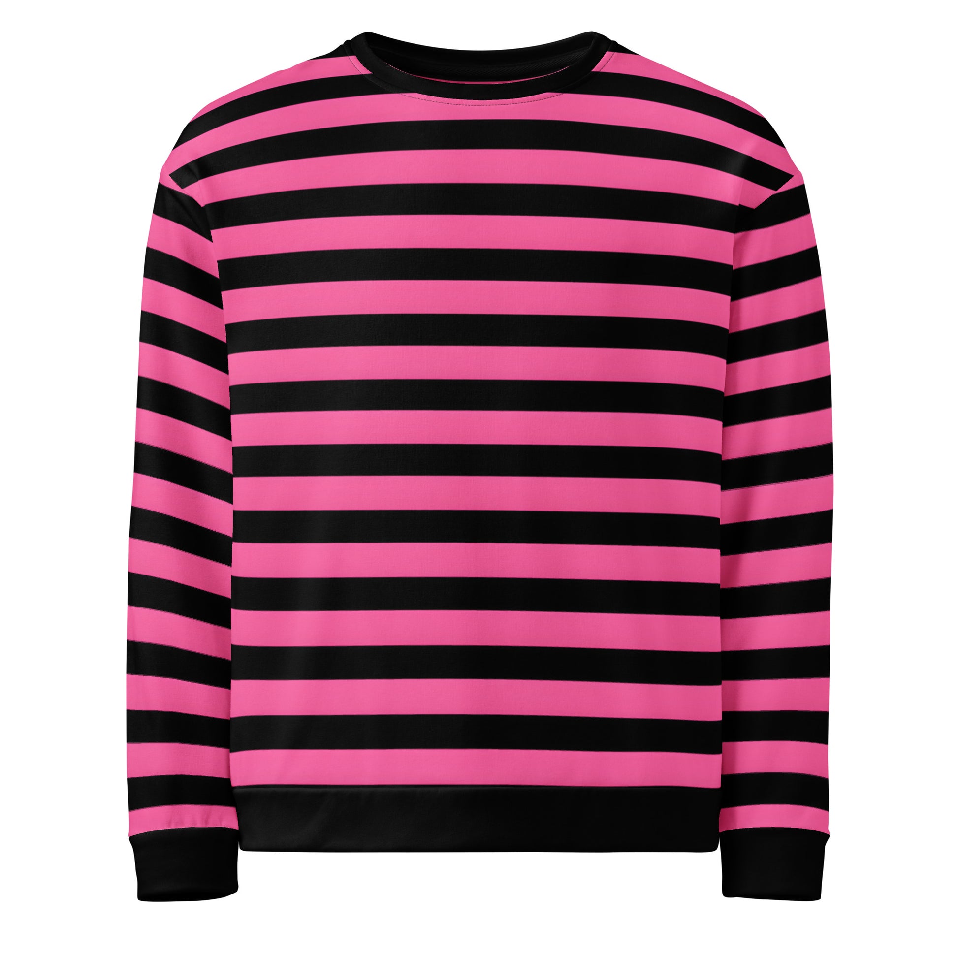 Pink and black striped sweatshirt with bold horizontal stripes