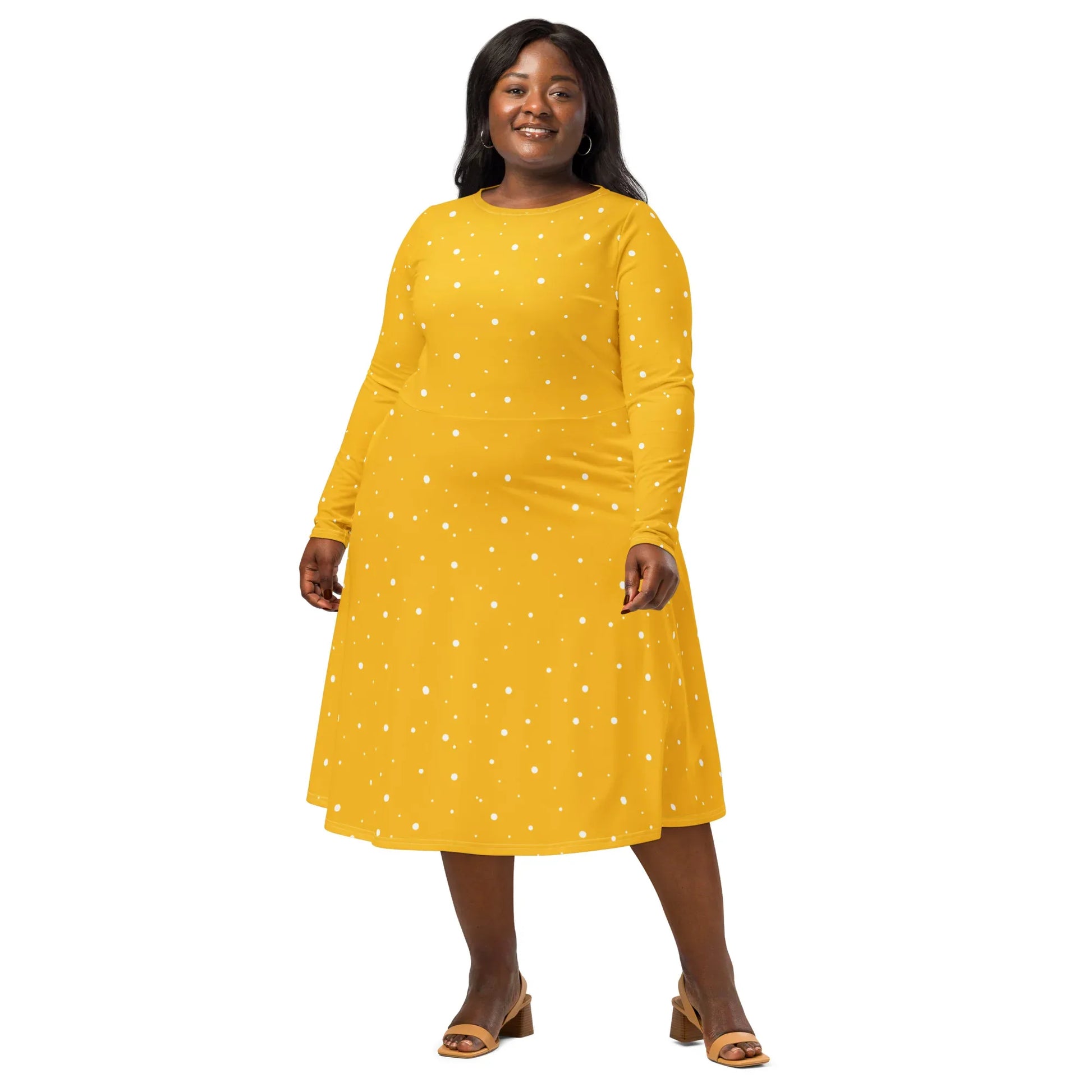 Yellow And White Polka Dot Dress – Long Sleeve Midi Dress with Pockets XL