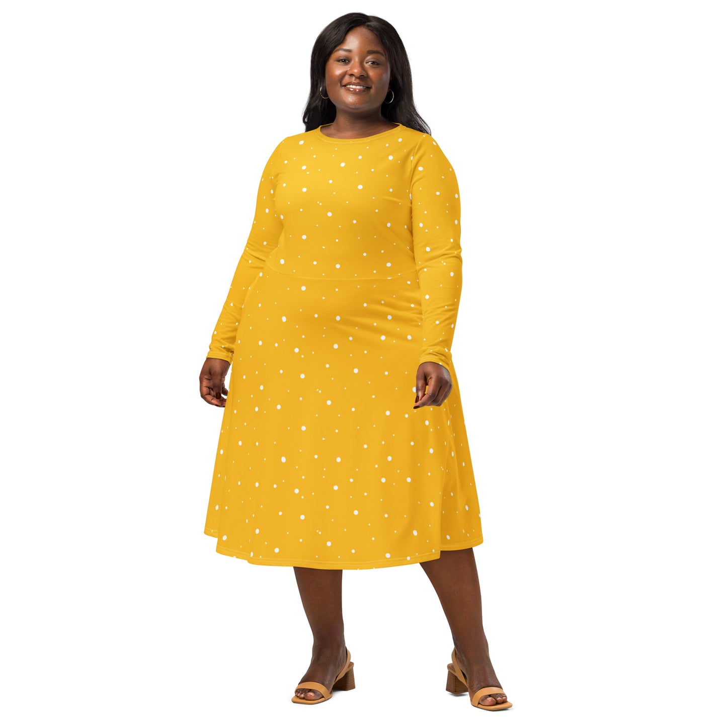 Plus Size Yellow And White Polka Dot Dress with long sleeves