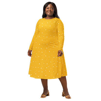 Plus Size Yellow And White Polka Dot Dress with long sleeves