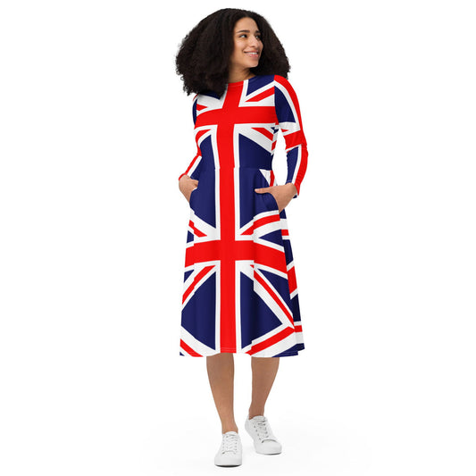 Plus size Union Jack midi dress with pockets for curvy women