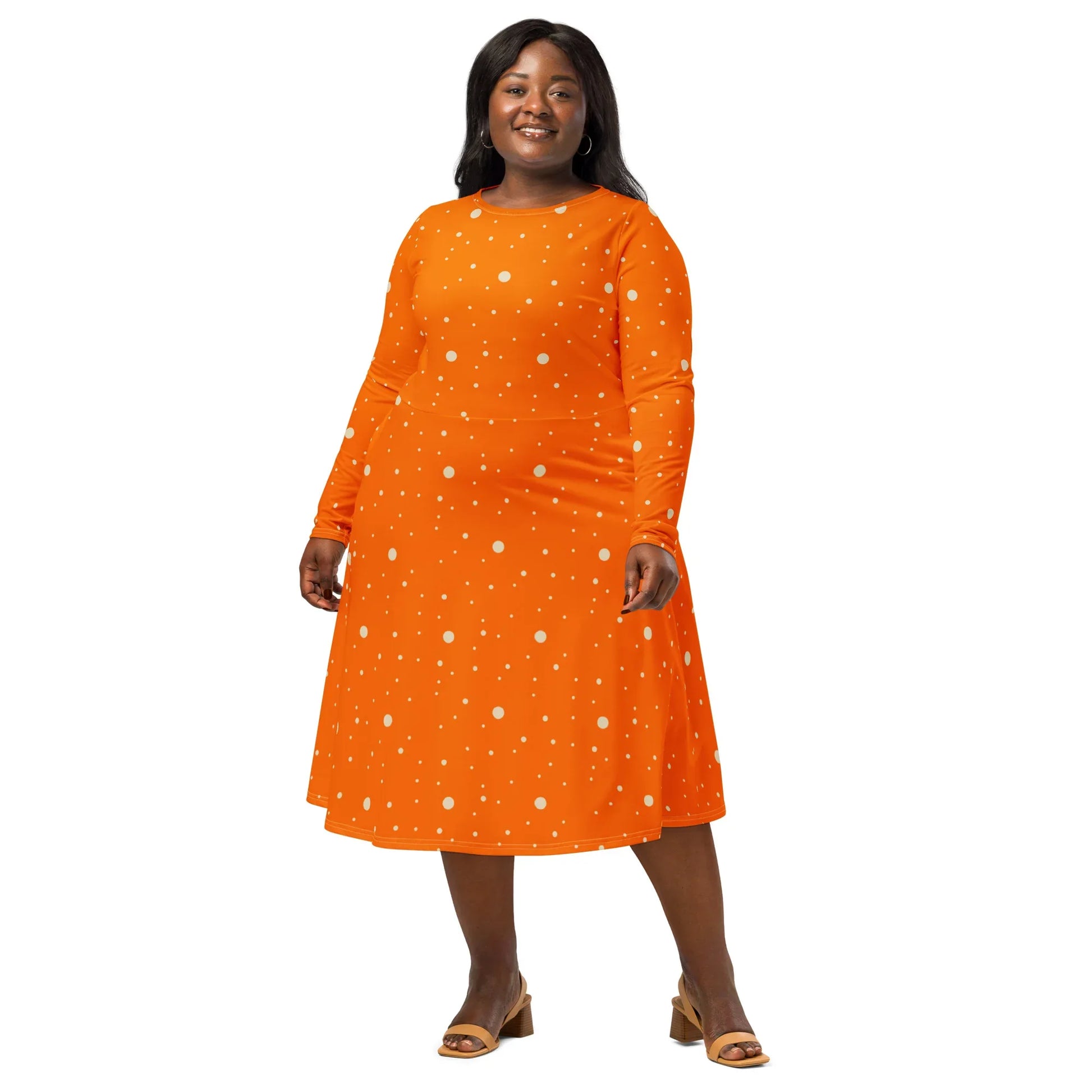 Orange and White Polka Dot Dress | Midi Length with Sleeves 3XL Orange and White Polka Dot Dress | Midi Length with Sleeves 3XL