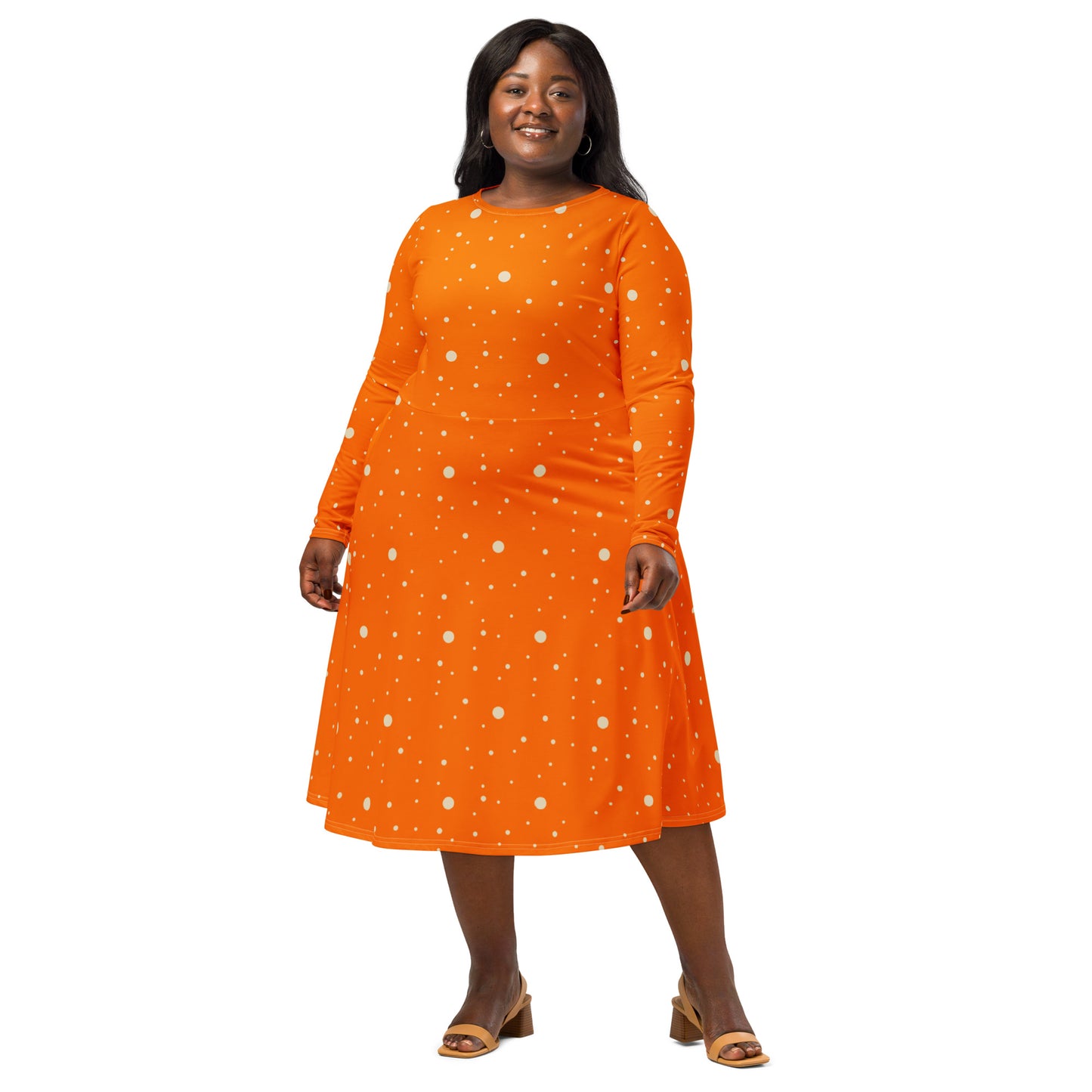Plus size orange and white polka dot midi dress 2XS to 6XL