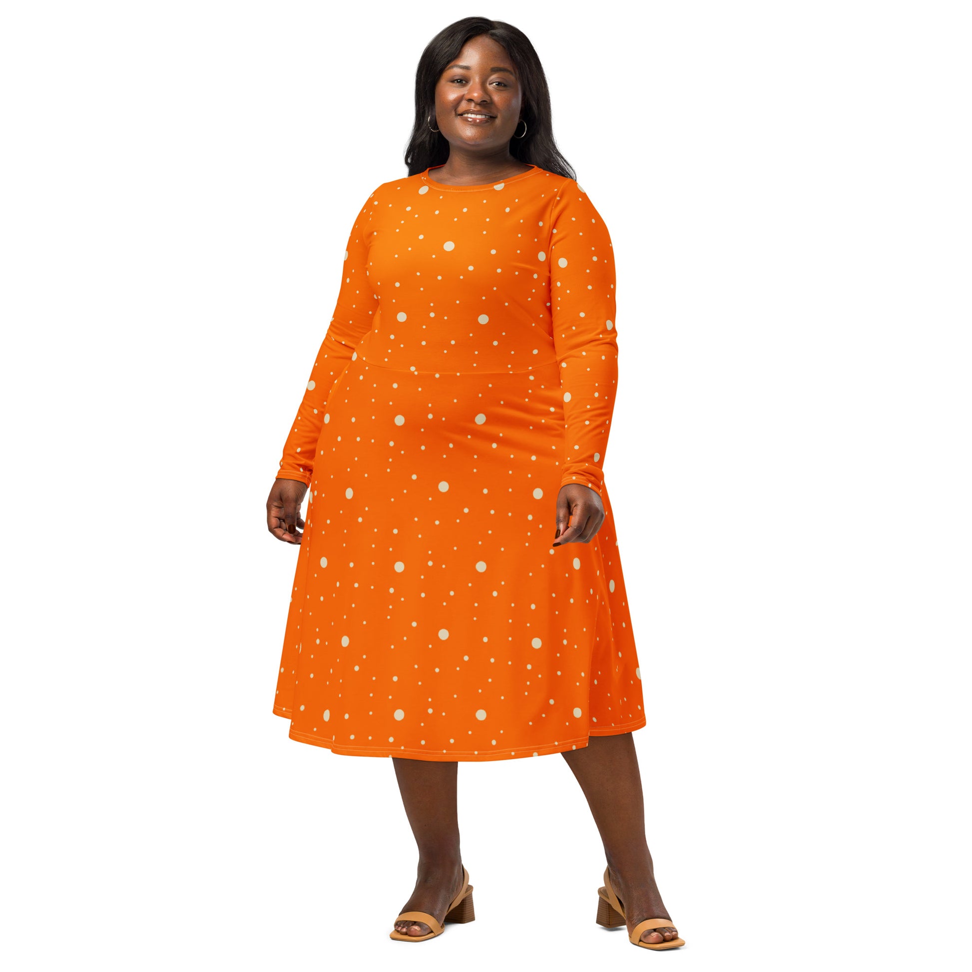 Plus size orange and white polka dot midi dress 2XS to 6XL