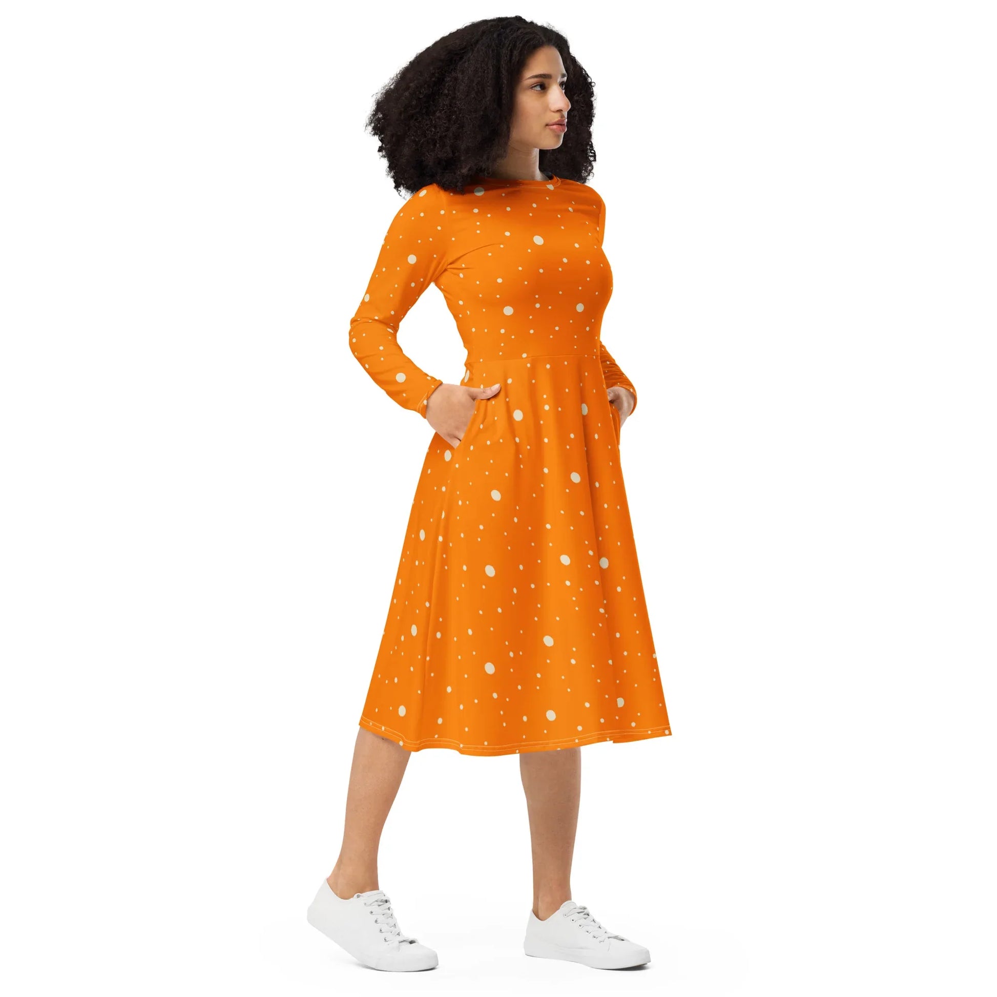 Orange and White Polka Dot Dress | Midi Length with Sleeves XS Orange and White Polka Dot Dress | Midi Length with Sleeves XS