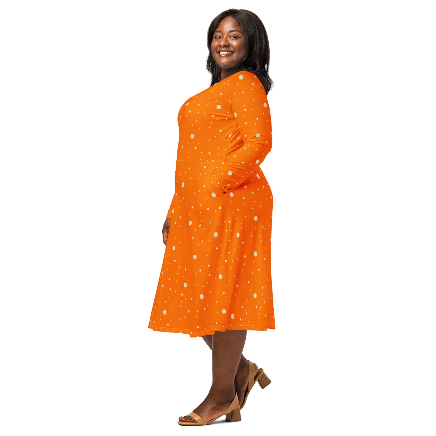 Polka dot midi dress with boat neckline and side pockets