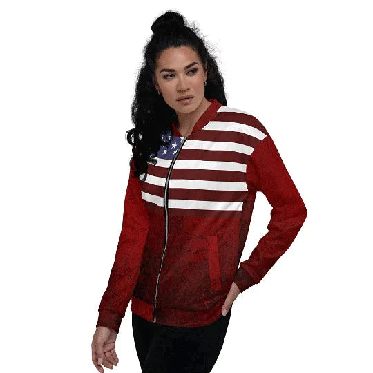 Polyester American flag bomber jacket with a grunge-inspired print