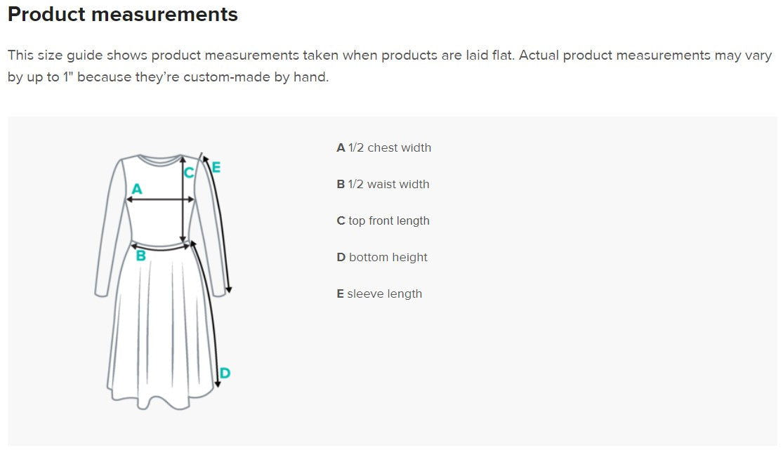 Product Measurements Dress Long Sleeves