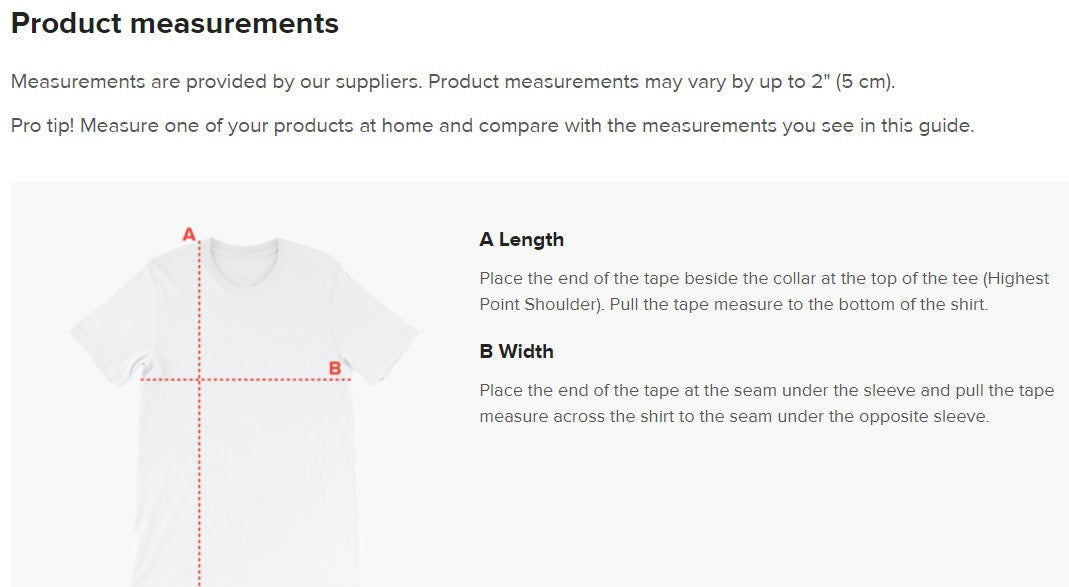 Product Measurements T-shirt