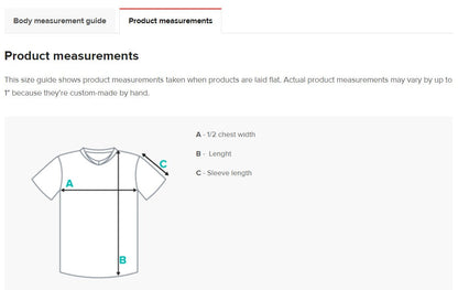 Product measurements T-shirt