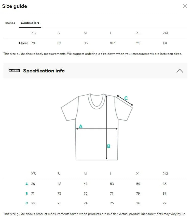 Puerto Rican T-shirt size chart with measurements in centimeters
