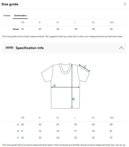 Puerto Rican T-shirt size chart with measurements in centimeters