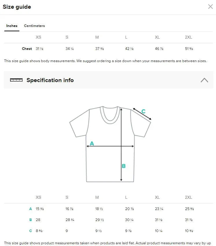 Puerto Rican T-shirt size chart with measurements in inches