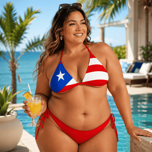 Puerto Rico flag bikini plus size woman enjoying luxury resort pool vacation