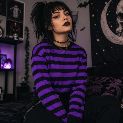 Purple and black striped sweatshirt with horizontal stripes
