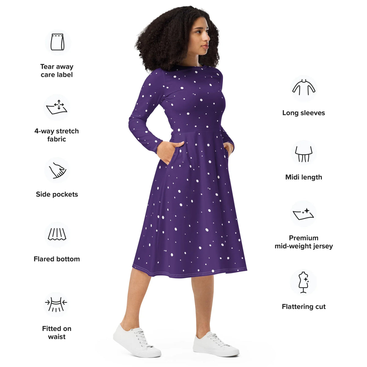 Purple and white polka dot dress casual outfit