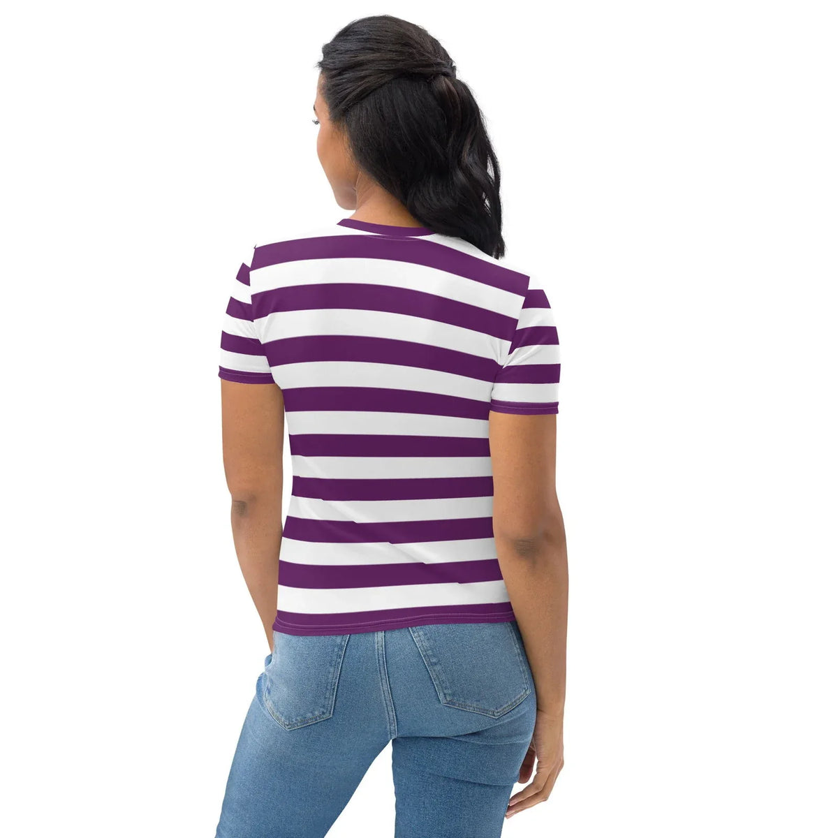 Back view purple and white striped casual shirt for women