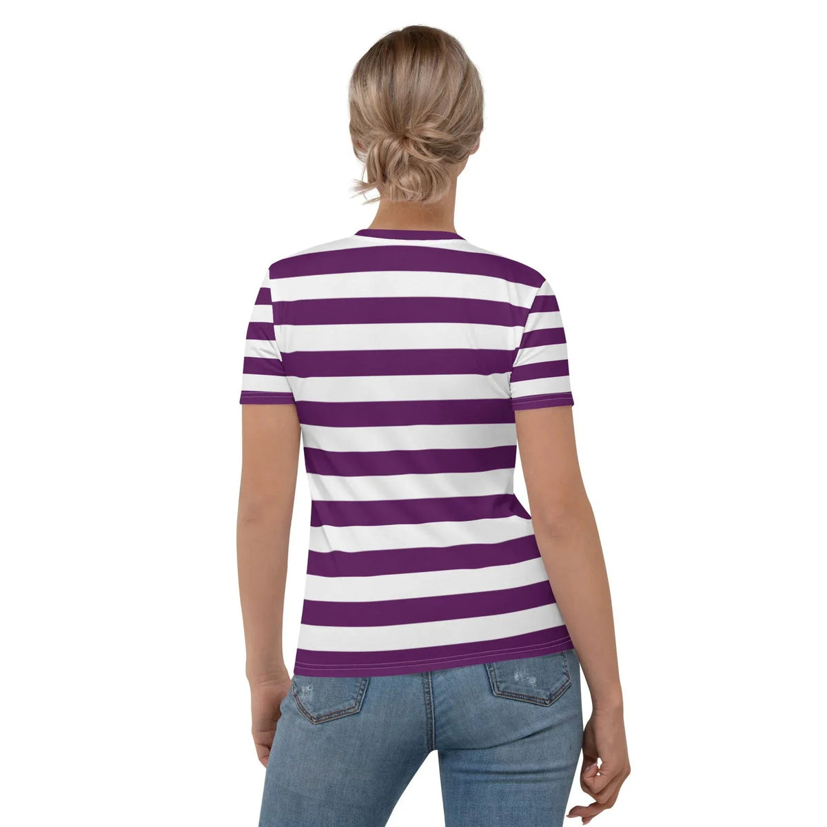 Back view purple and white striped women's T-shirt design,