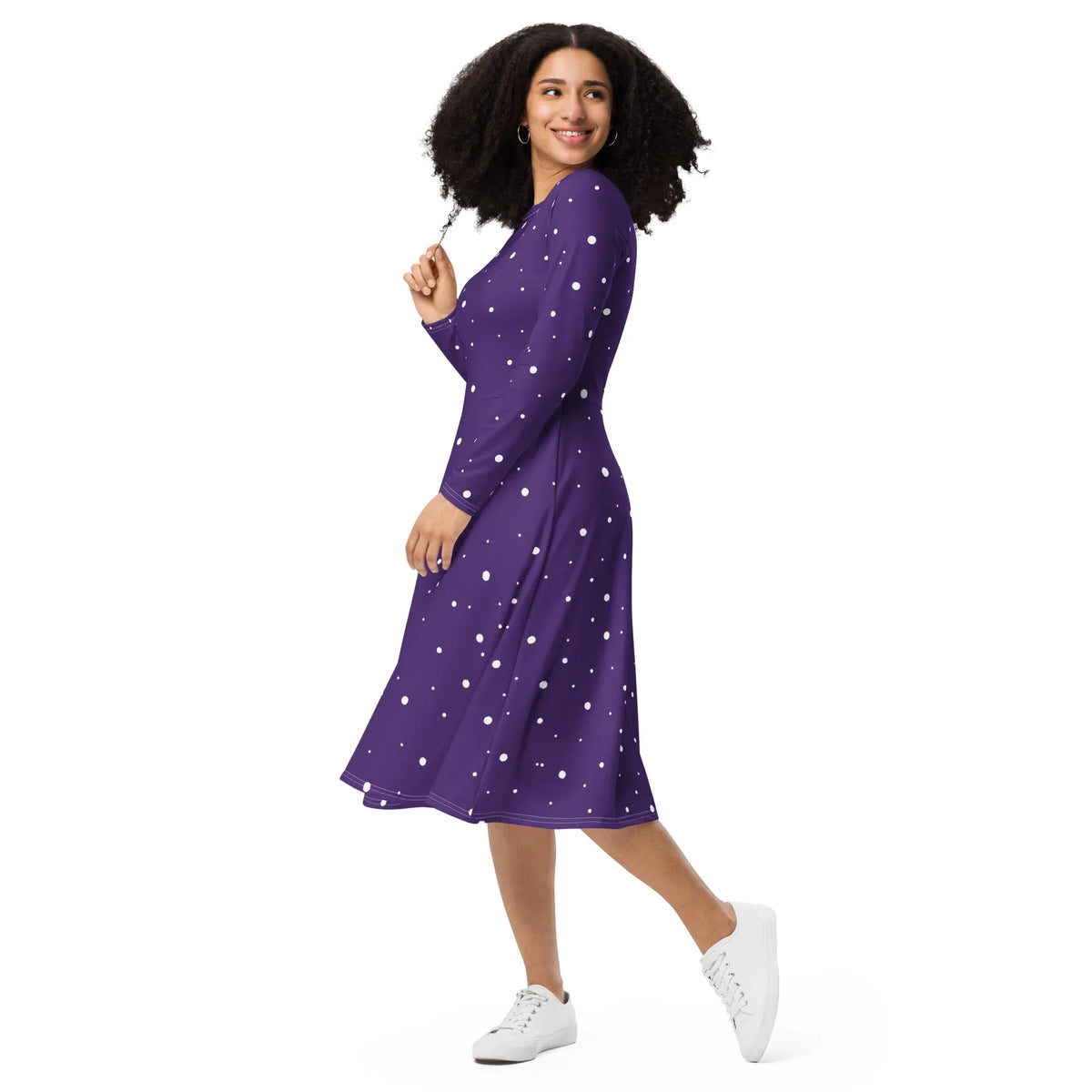 Purple polka dot dress with white polka dots