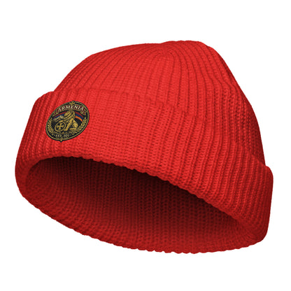 Red Armenia lion crest beanie with embroidered Est. 301 emblem