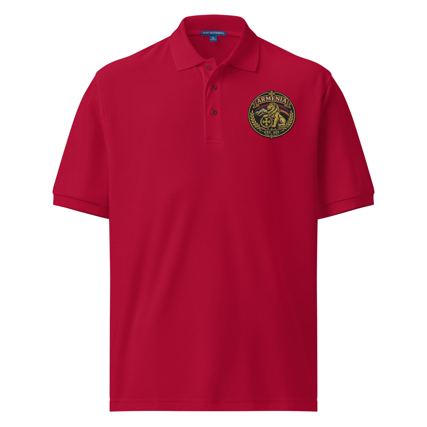 Red Armenian heritage embroidered polo shirt with lion crest