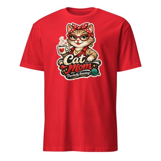 Red Cat Mom graphic T-shirt for women who love cats