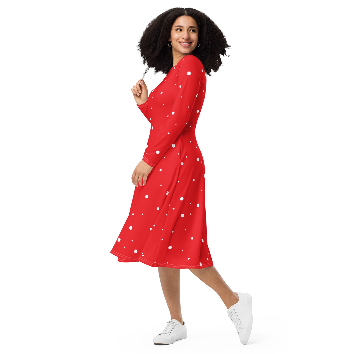 Red and white polka dot dress with sleeves – side view
